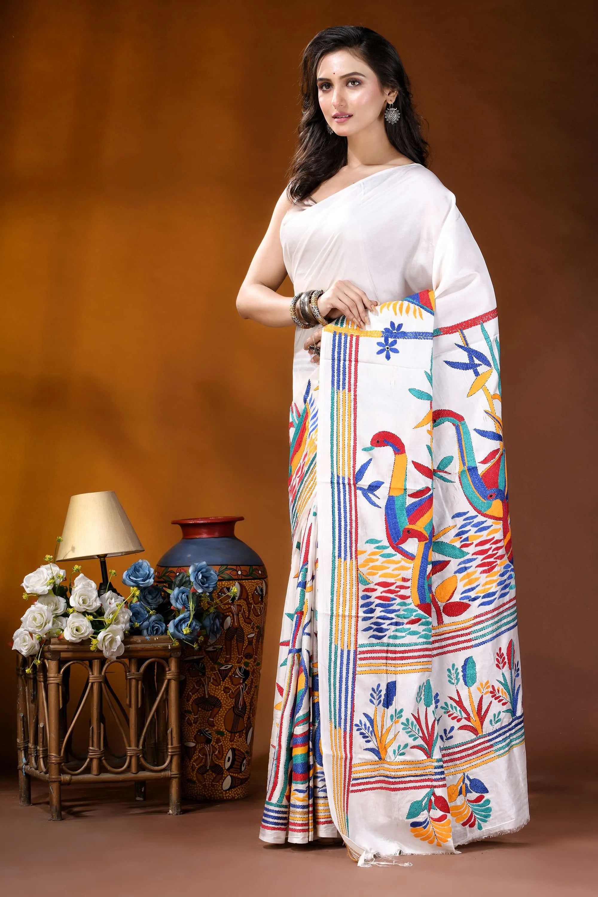 White swan motif multicolor hand embroidered kantha silk saree white silk saree vibrant colorful 3