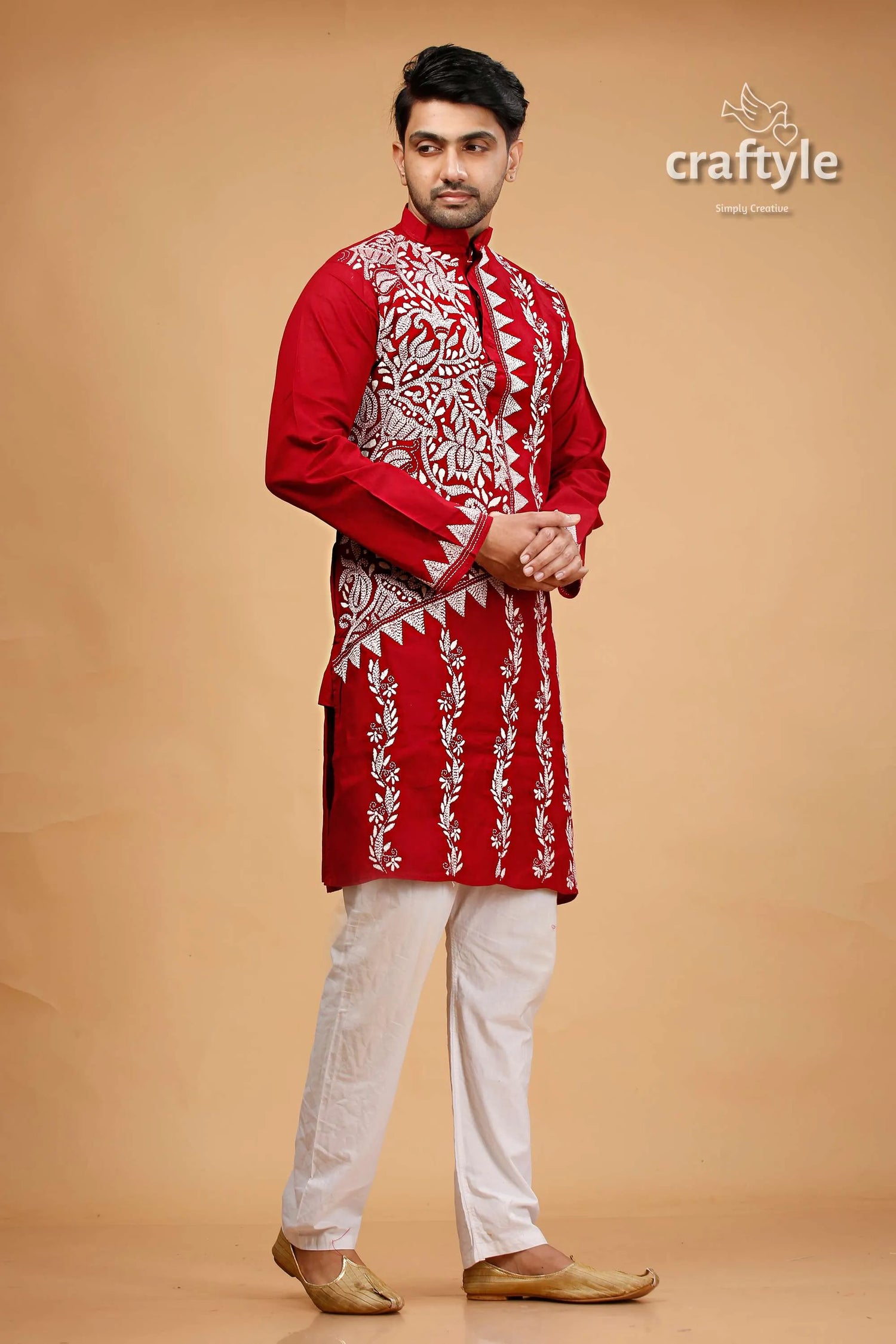 White thread burgundy red kantha work ethnic cotton kurta for men embroidered pants 4