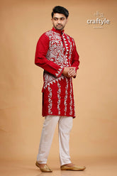 White thread burgundy red kantha work ethnic cotton kurta for men embroidered pants 4