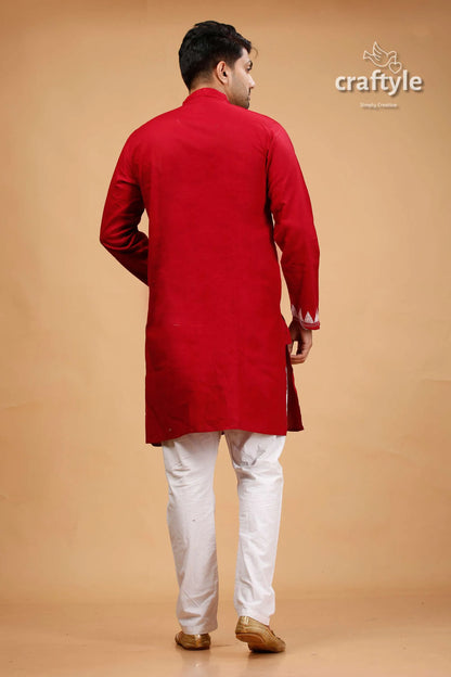 White thread burgundy red kantha work ethnic cotton kurta for men pajama set 5