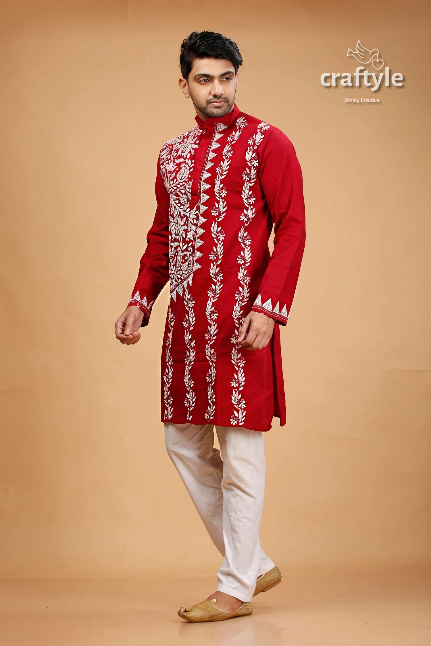 White thread burgundy red kantha work ethnic cotton kurta for men embroidered pants 3