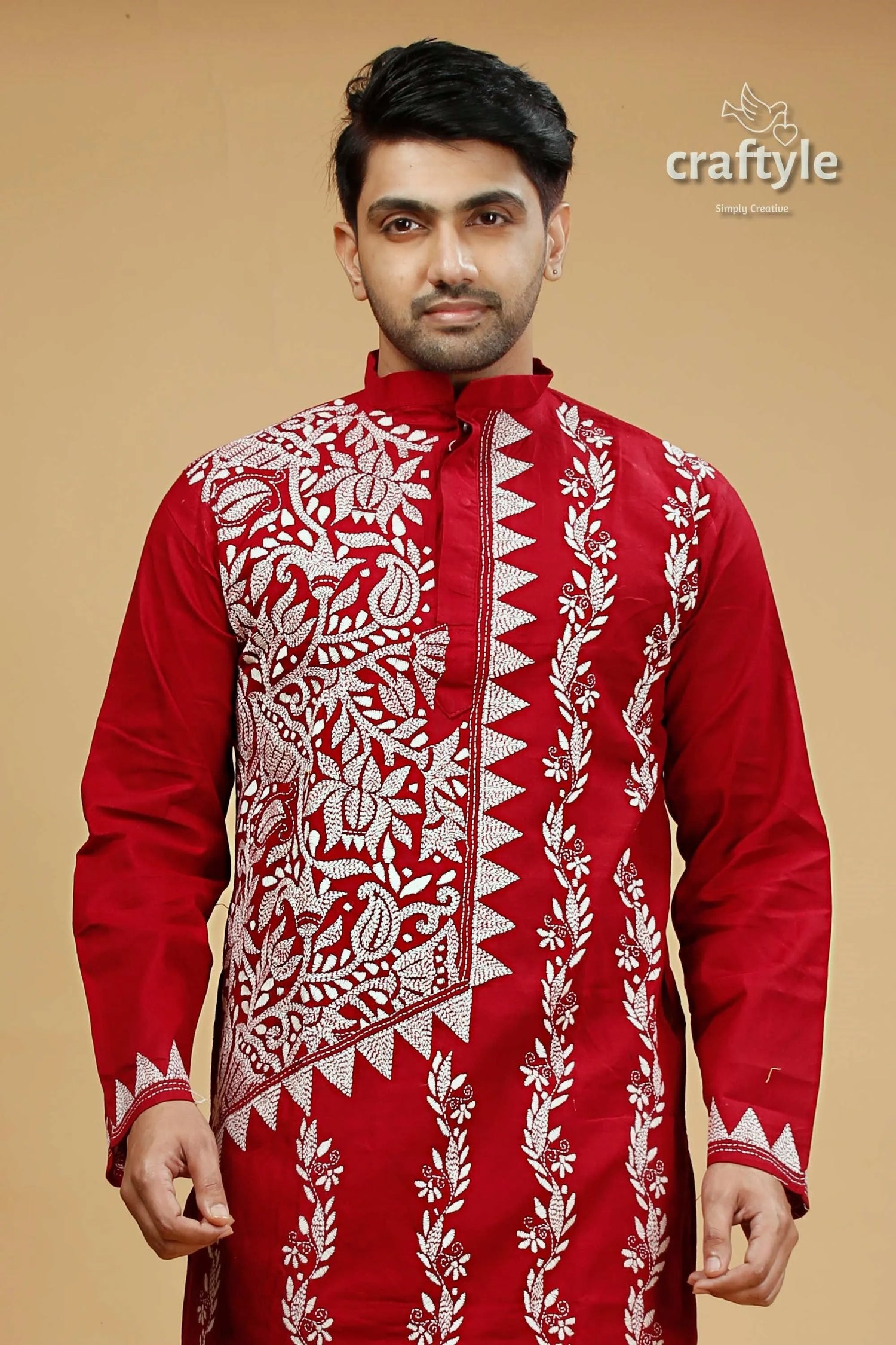 White thread burgundy red kantha work ethnic cotton kurta for men embroidered 2
