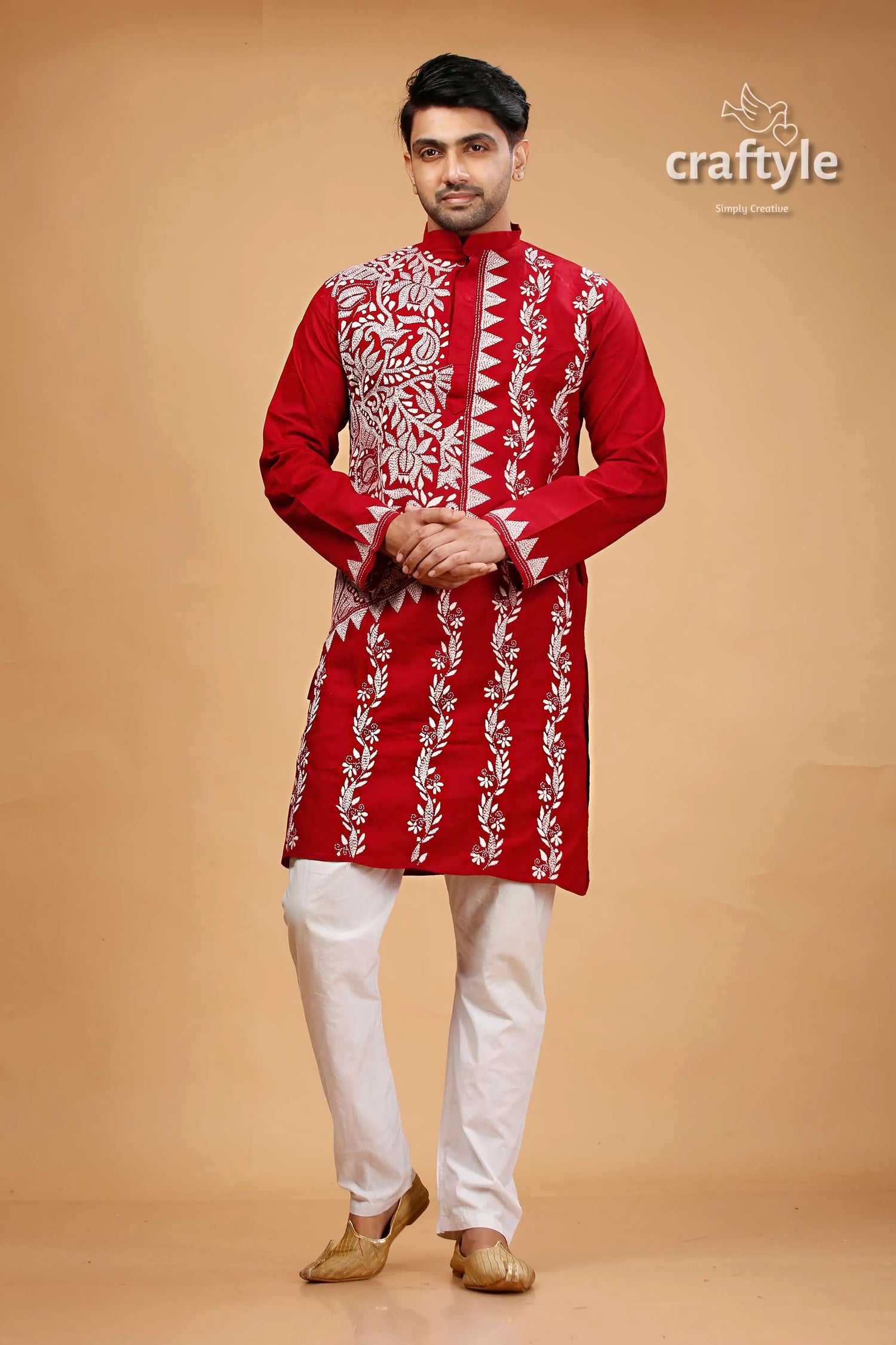 White thread burgundy red kantha work ethnic cotton kurta for men embroidered pajama set 1