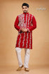White thread burgundy red kantha work ethnic cotton kurta for men embroidered pajama set 1