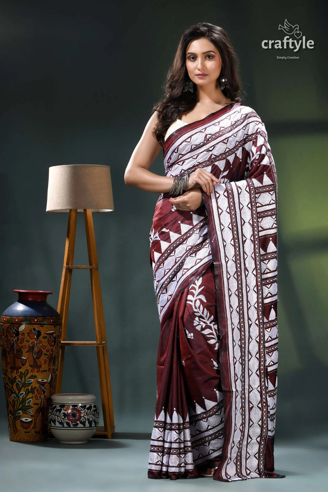 White thread embroidery persian plum classic silk kantha saree maroon white saree geometric patterns 1