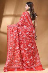 White thread hand embroidered floral kantha stitch silk saree in red vibrant red saree adorned intricate 4