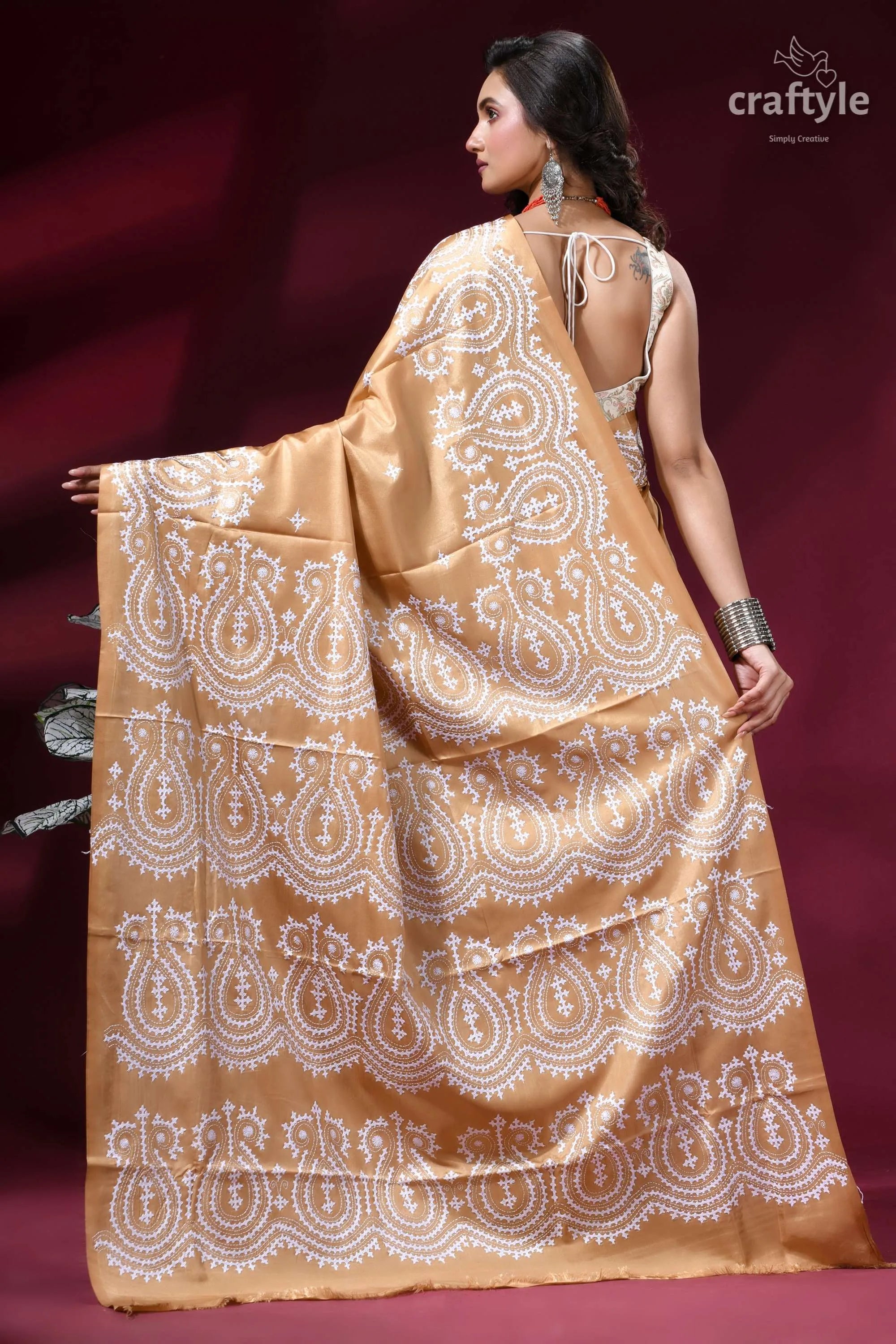 White thread hand gujrati embroidery silk saree in tan color golden-brown silk saree adorned intricate 4