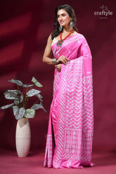 White thread kutch embroidery hot pink silk saree - mirror detailing vibrant pink saree intricate white 3