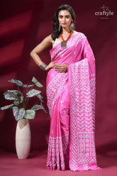 White thread kutch embroidery hot pink silk saree - mirror detailing vibrant pink saree intricate white 7