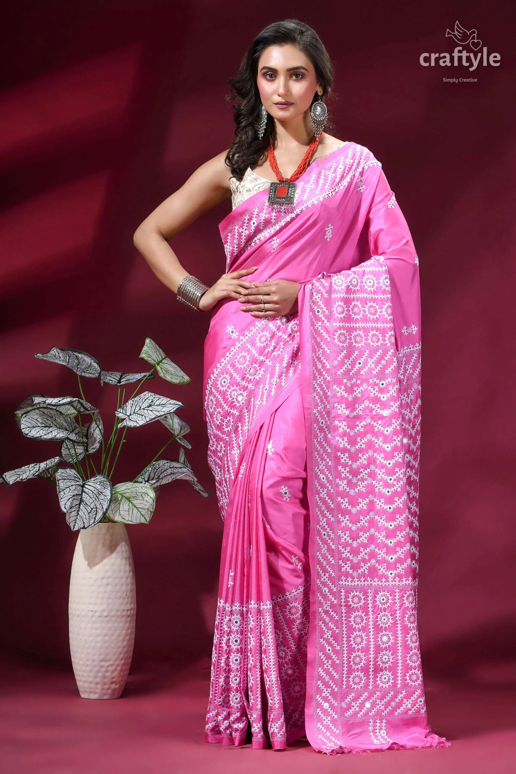 White thread kutch embroidery hot pink silk saree - mirror detailing vibrant pink saree intricate white 7