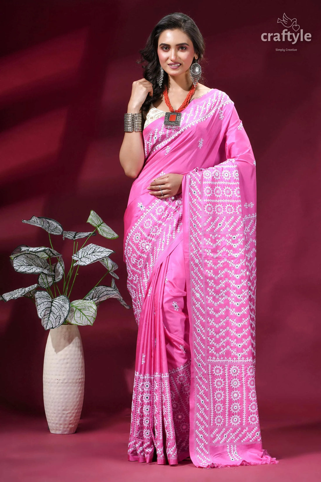 White thread kutch embroidery hot pink silk saree - mirror detailing vibrant pink saree intricate white 1