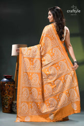 White thread kutch embroidery silk saree in indian yellow orange paisley patterned saree white 5