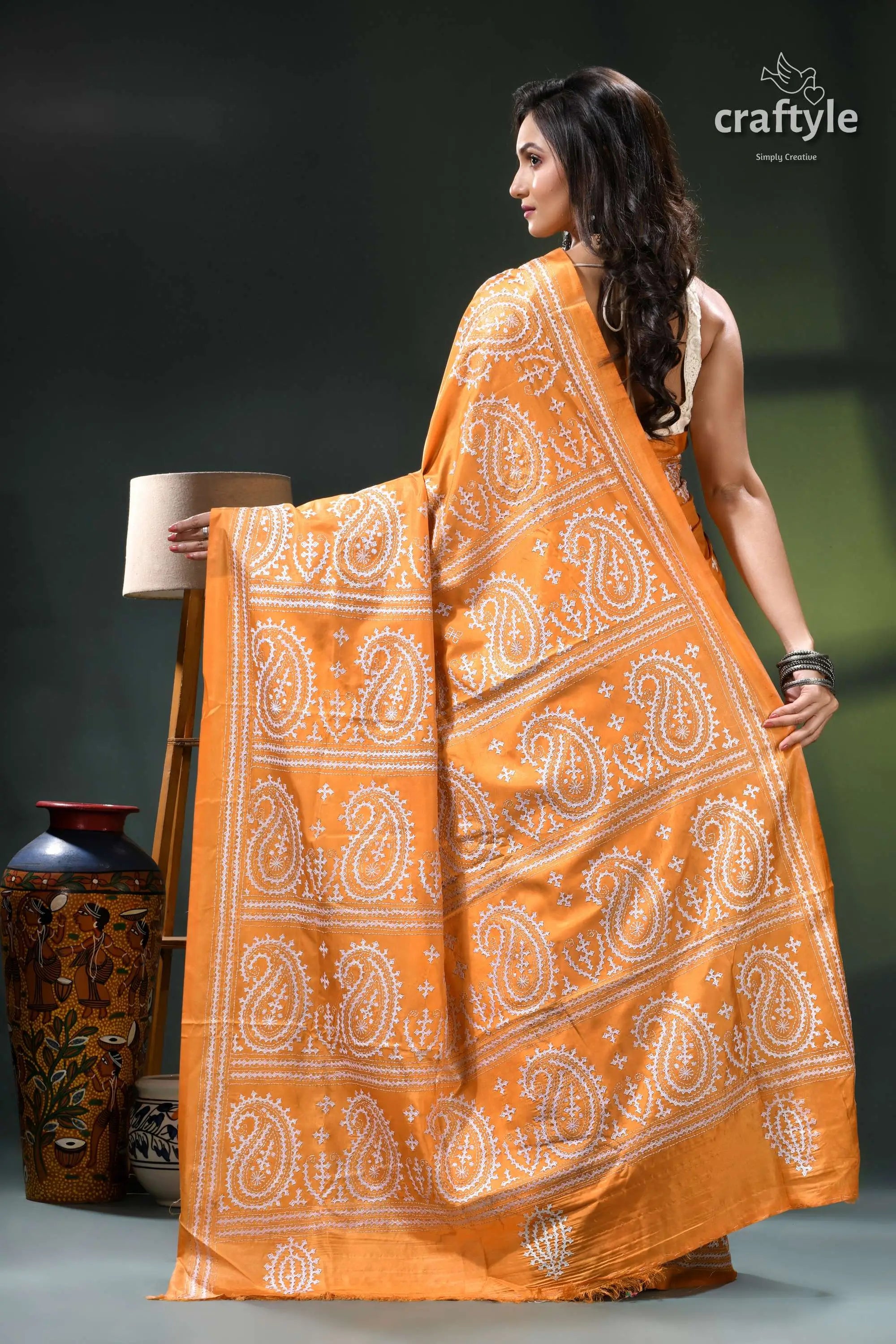 White thread kutch embroidery silk saree in indian yellow orange paisley patterned saree white 5
