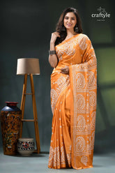White thread kutch embroidery silk saree in indian yellow orange paisley patterned saree blouse 6
