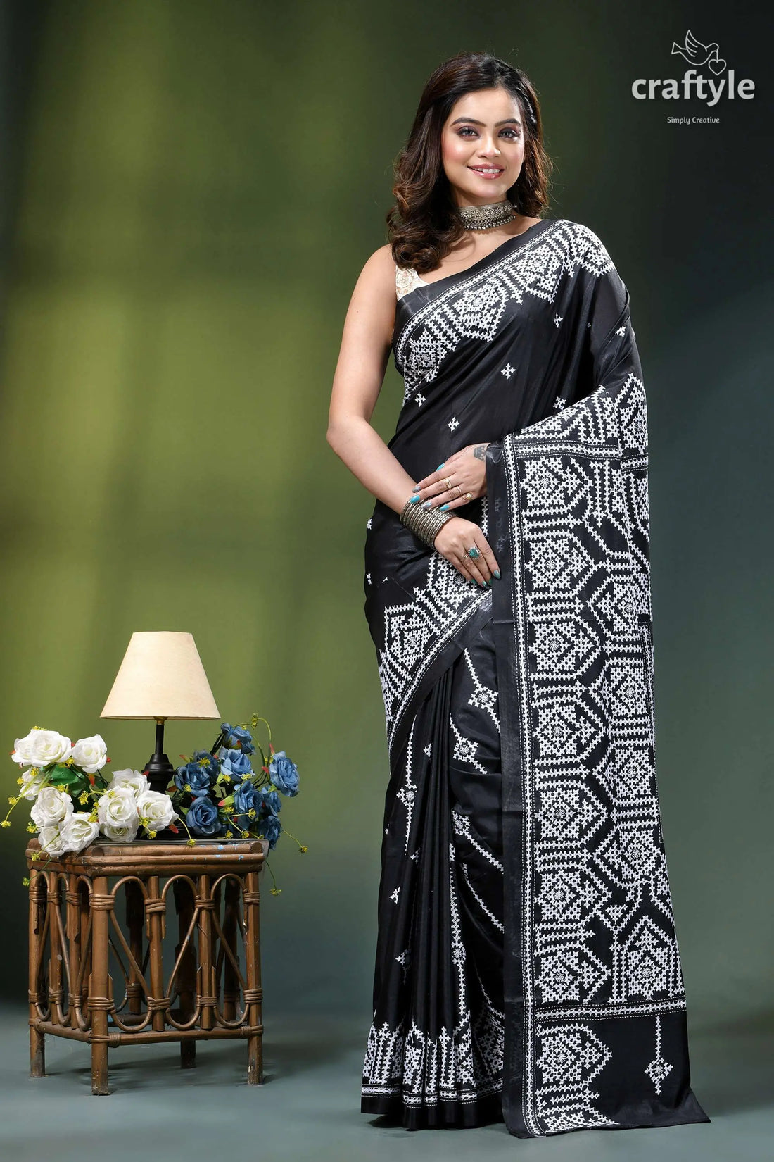 White thread kutch work handcrafted silk saree in raisin black black saree intricate white geometric 1