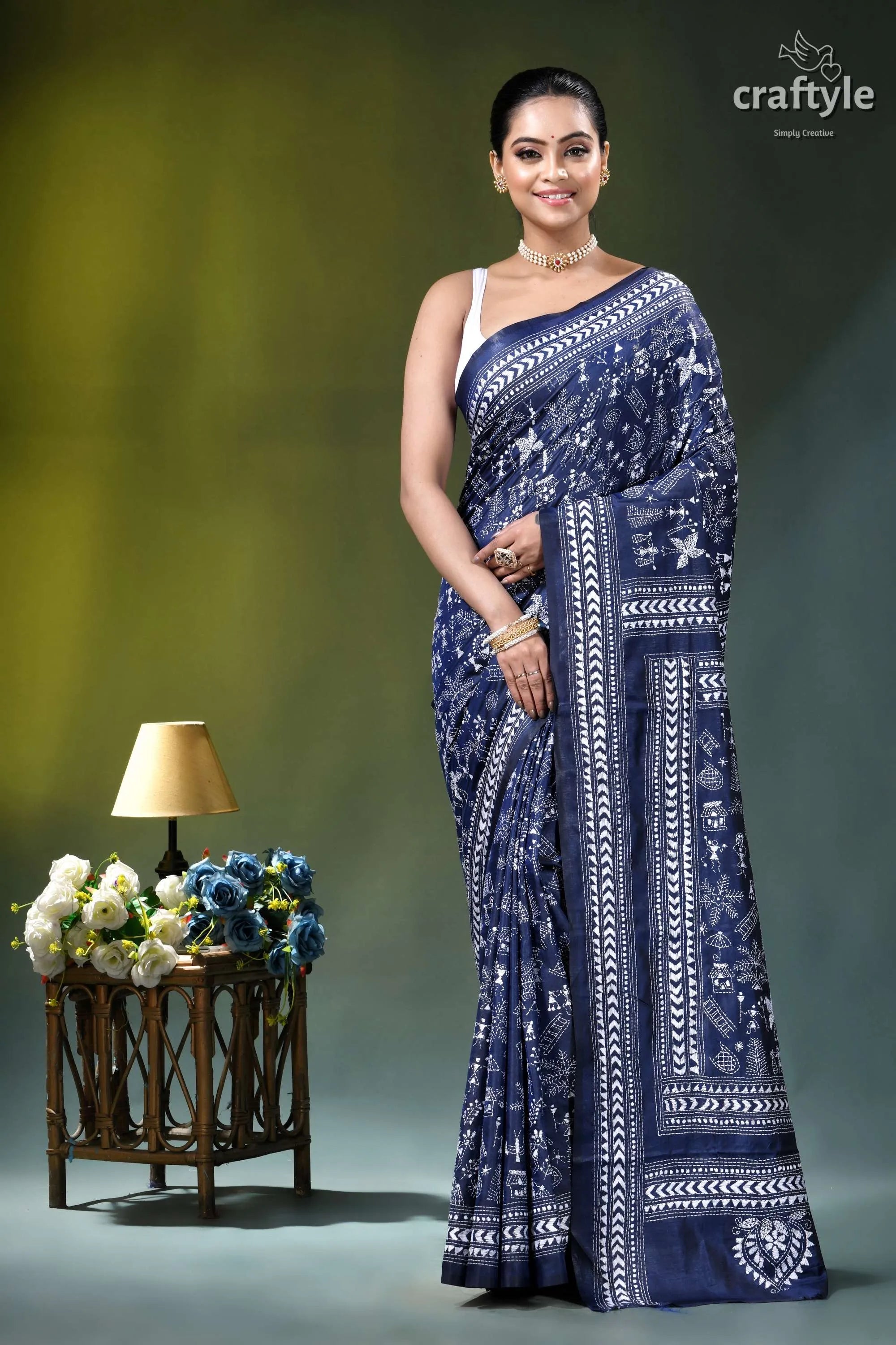 White thread warli design hand kantha silk saree in blue navy blue white patterned saree 1