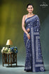 White thread warli design hand kantha silk saree in blue navy blue white patterned saree 1