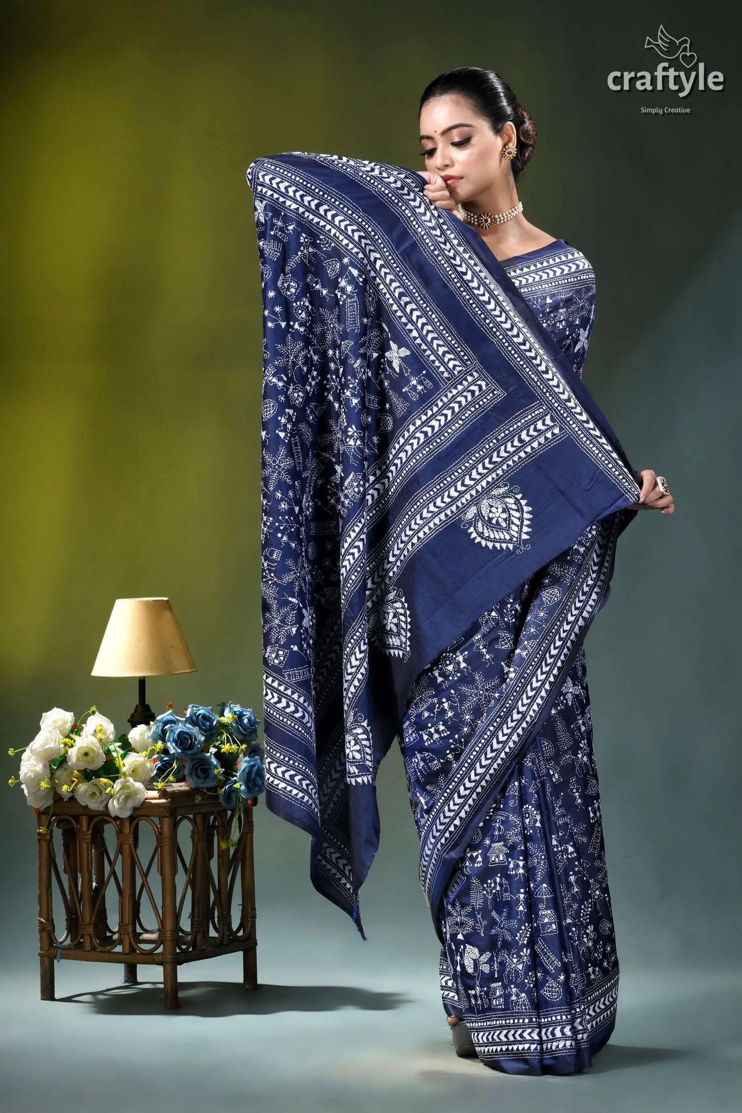 White thread warli design hand kantha silk saree in blue navy blue saree intricate white 5