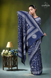 White thread warli design hand kantha silk saree in blue navy blue saree intricate white 5
