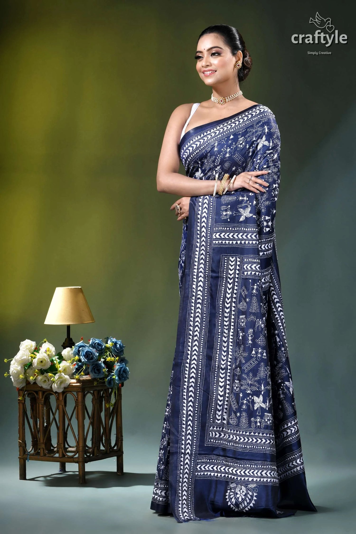 White thread warli design hand kantha silk saree in blue navy blue saree intricate white 3
