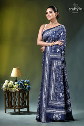 White thread warli design hand kantha silk saree in blue navy blue saree intricate white 3