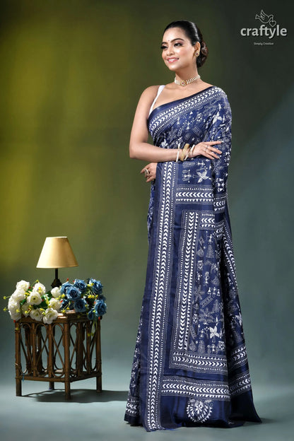 White thread warli design hand kantha silk saree in blue navy blue saree intricate white 3