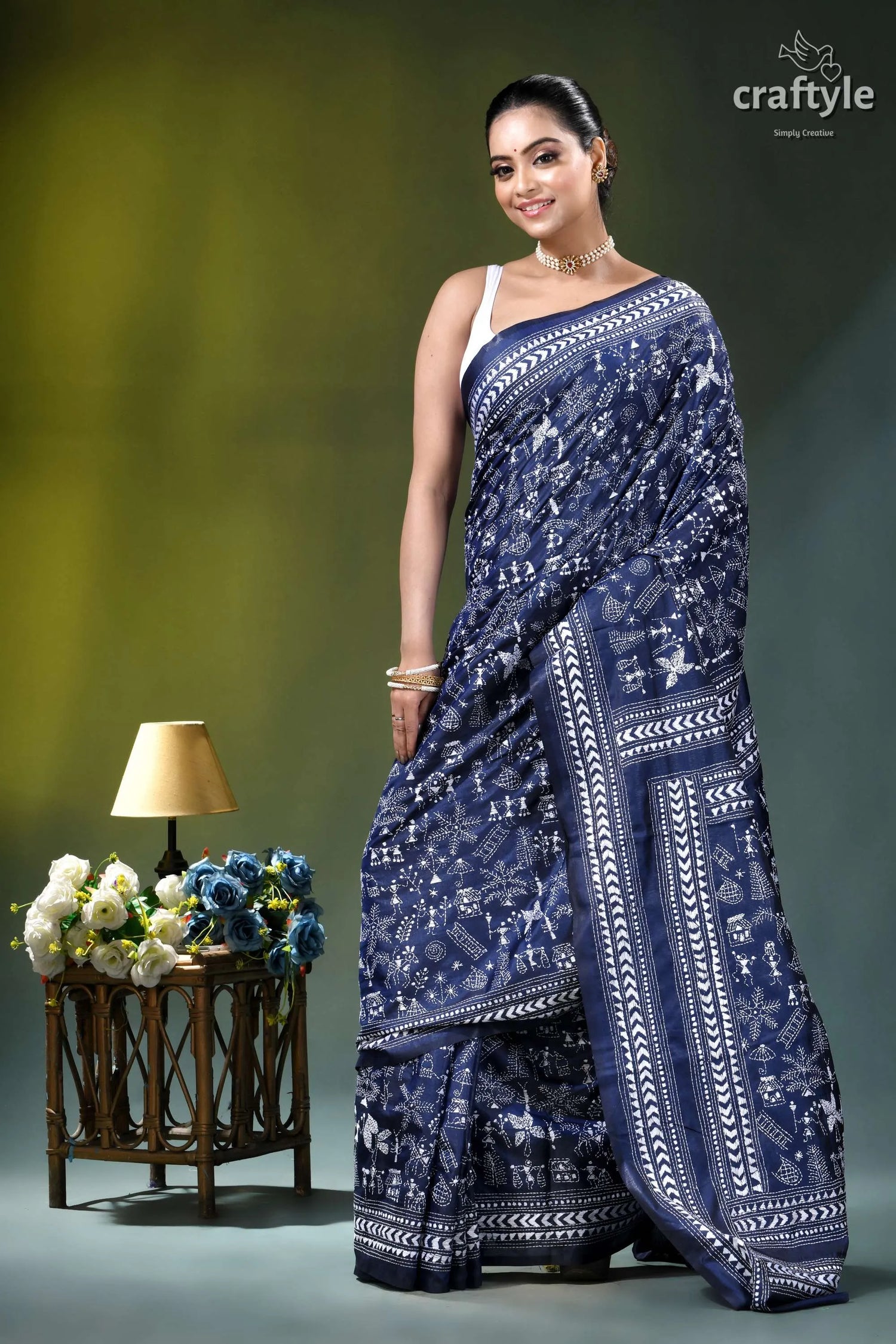 White thread warli design hand kantha silk saree in blue navy blue saree intricate white 4
