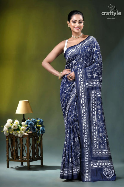 White thread warli design hand kantha silk saree in blue navy blue saree intricate white 7