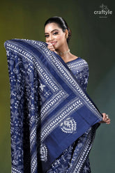 White thread warli design hand kantha silk saree in blue navy blue saree intricate white 2