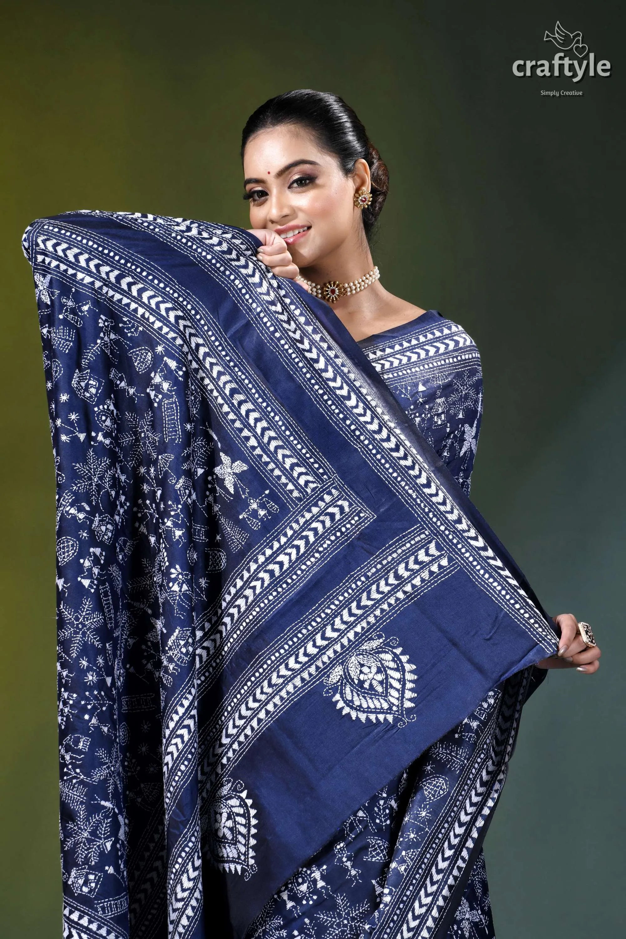 White thread warli design hand kantha silk saree in blue navy blue saree intricate white 2