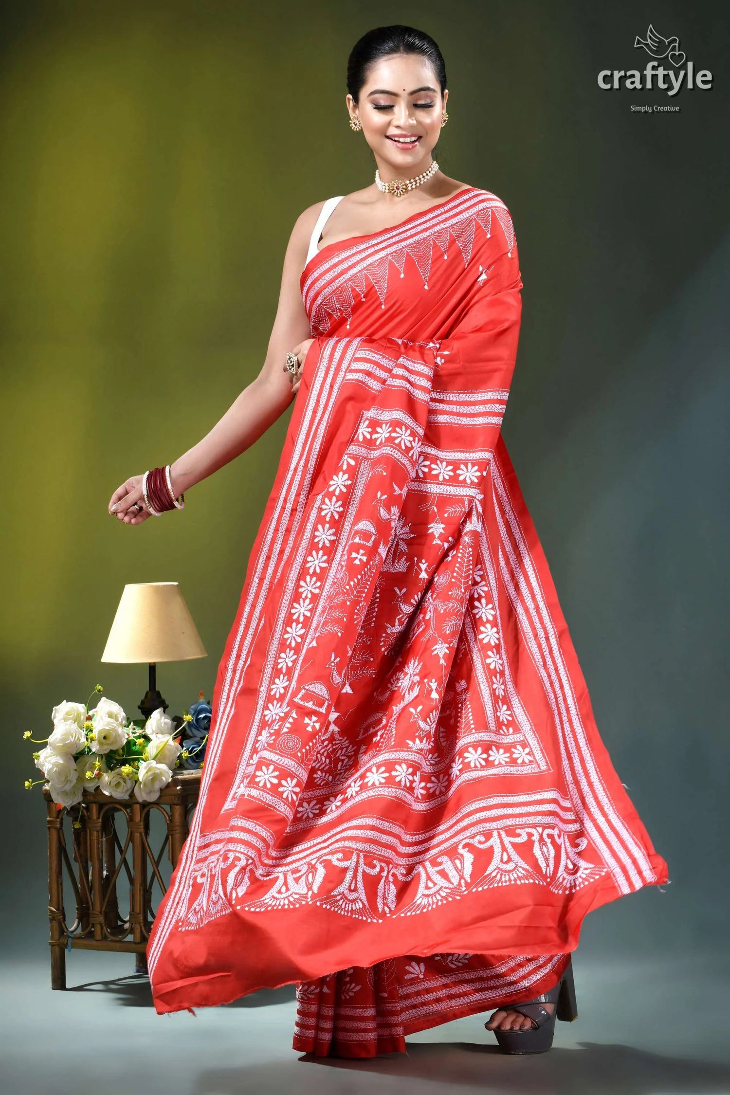 White thread warli design handcrafted silk kantha saree in persian red vibrant red saree intricate white 4