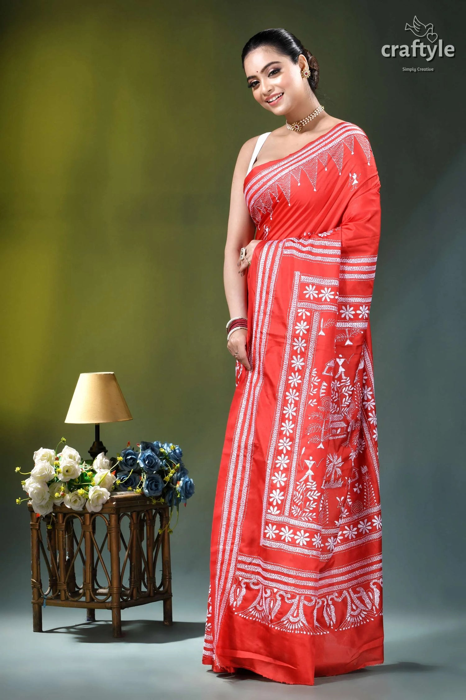 White thread warli design handcrafted silk kantha saree in persian red vibrant red saree adorned intricate 3