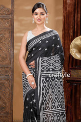 White Thread Work Onyx Black Elegant Silk Kantha Saree-Craftyle