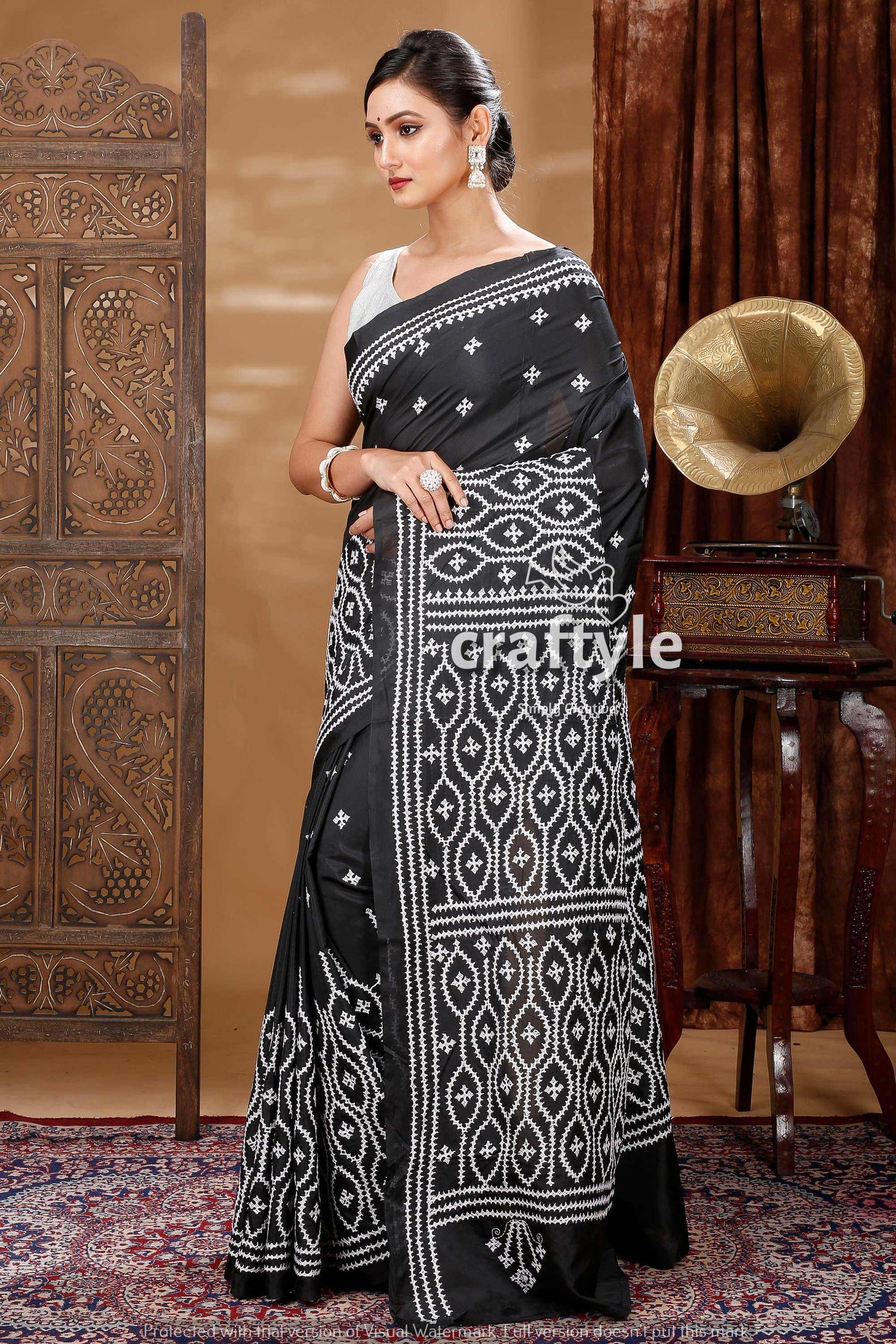 White Thread Work Onyx Black Elegant Silk Kantha Saree-Craftyle