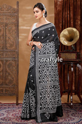 White Thread Work Onyx Black Elegant Silk Kantha Saree-Craftyle