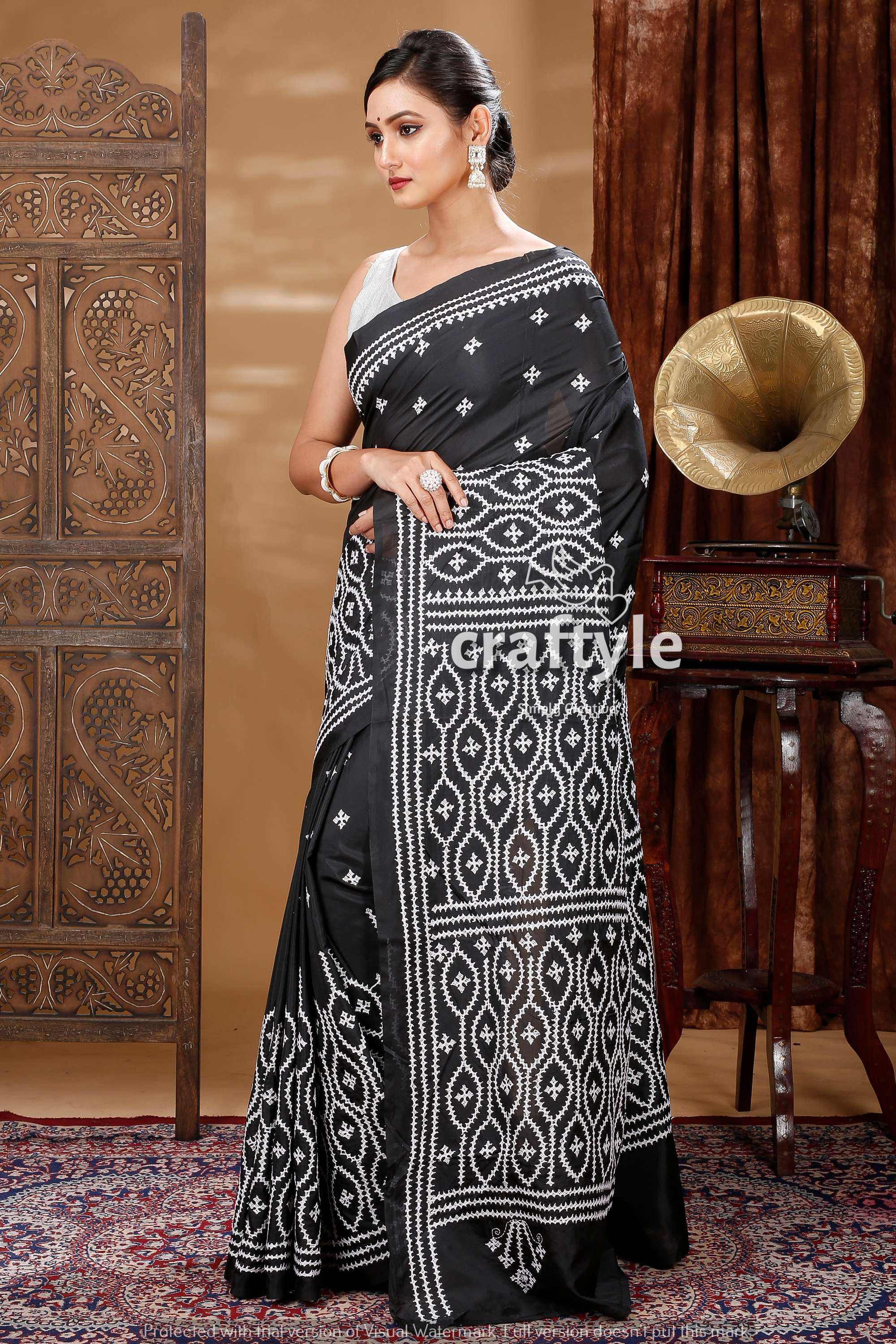 White Thread Work Onyx Black Elegant Silk Kantha Saree-Craftyle