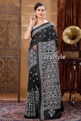 White Thread Work Onyx Black Elegant Silk Kantha Saree-Craftyle