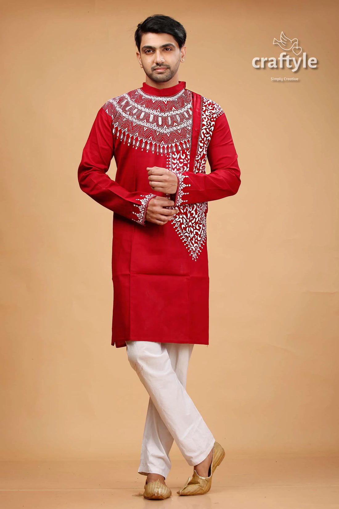 White thread work paprika red kantha mens kurta red white embroidered kurta turtleneck 1