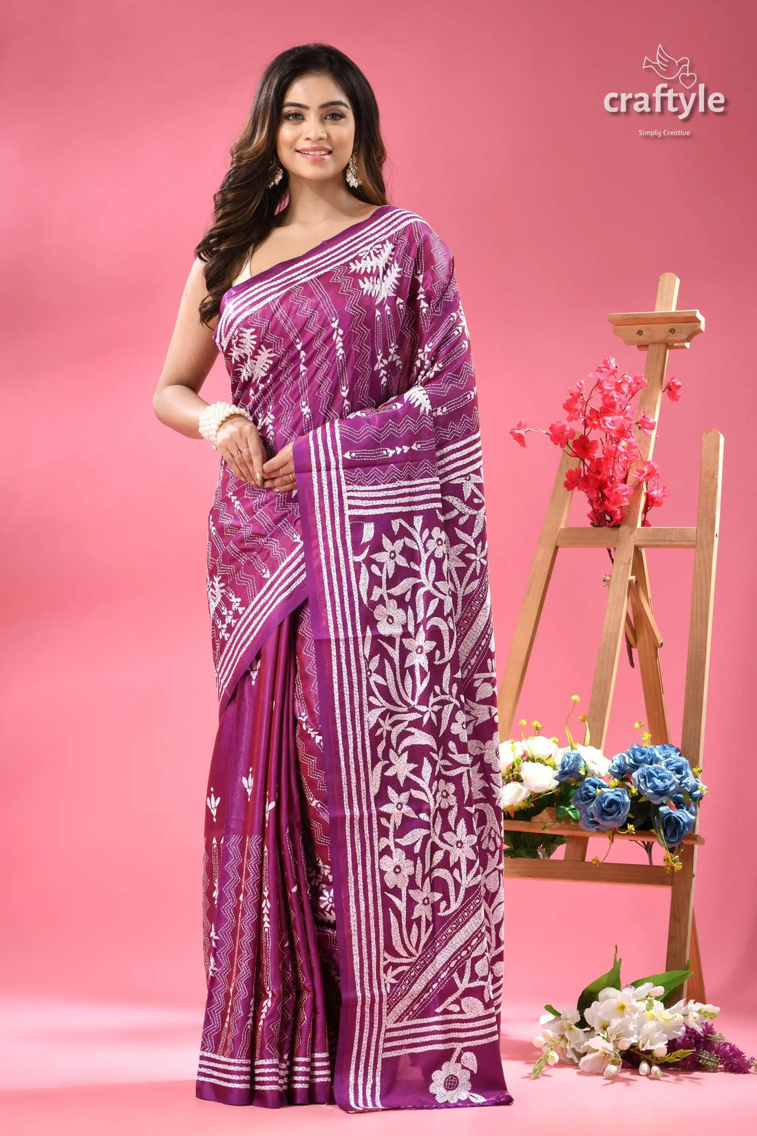 White thread work purple kantha embroidery silk saree purple white floral patterned cotton 1