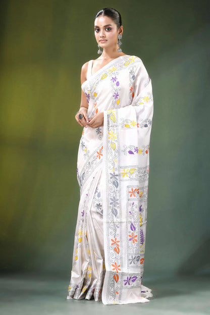 White village theme handmade kantha work silk saree adorned intricate 6