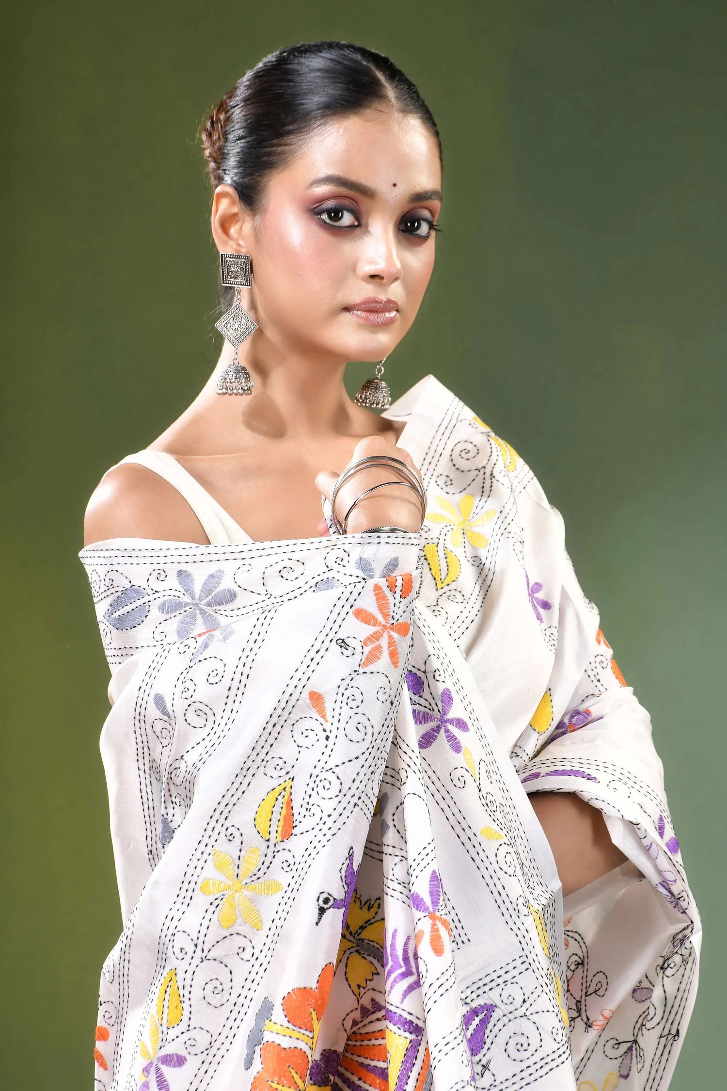 White village theme handmade kantha work silk saree colorful floral embroidery 2