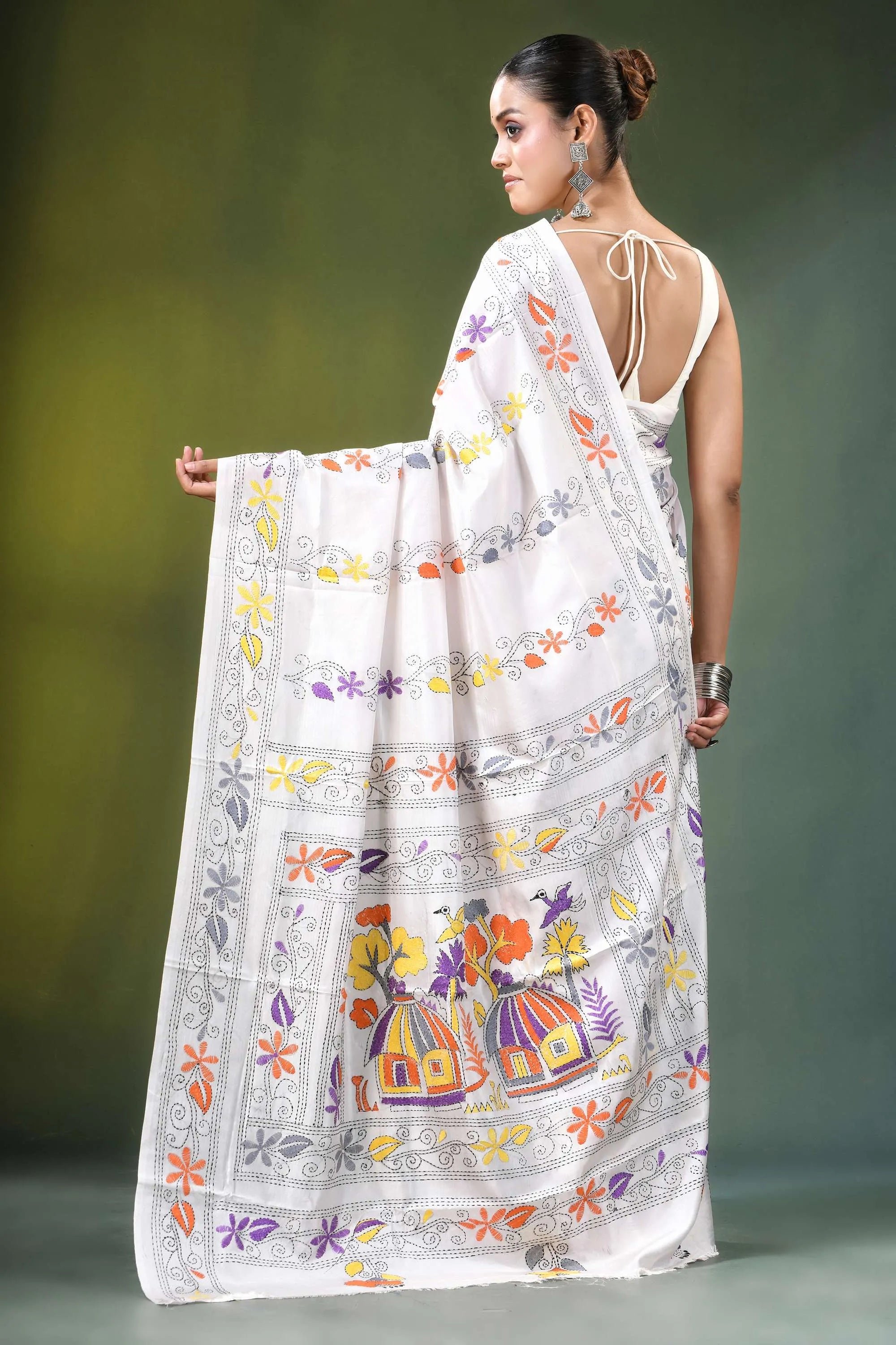 White village theme handmade kantha work silk saree adorned vibrant floral 5