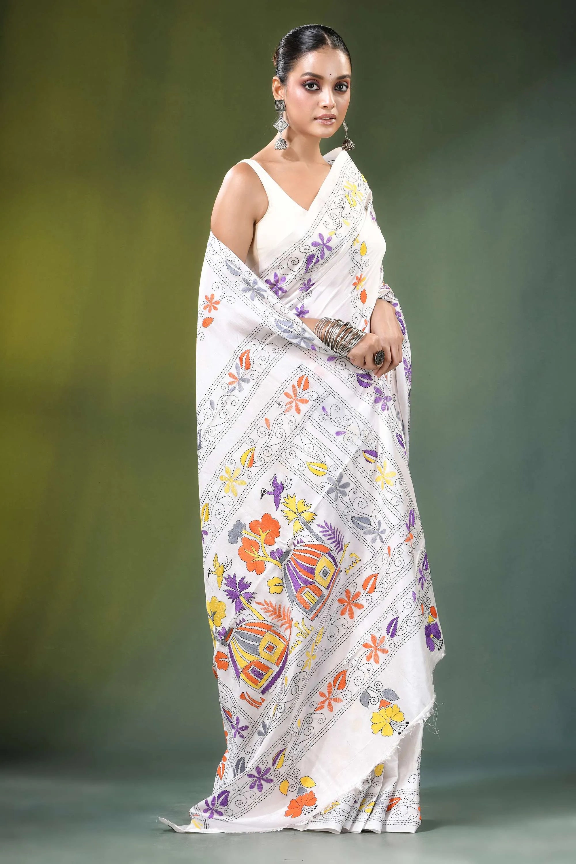 White village theme handmade kantha work silk saree adorned vibrant floral 4