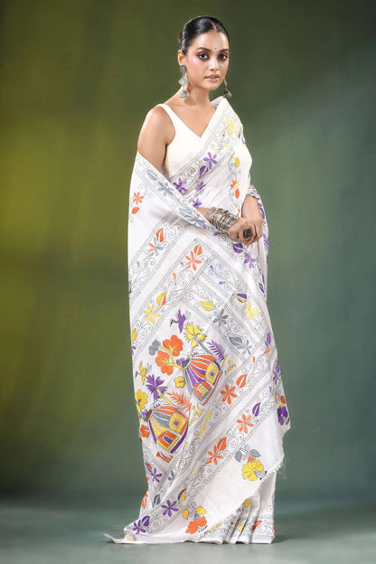 White village theme handmade kantha work silk saree adorned vibrant floral 4