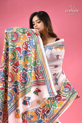 White with multicolor fish motif silk kantha work saree white saree vibrant multi colored fish 2