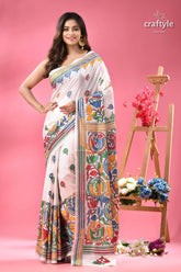White with multicolor fish motif silk kantha work saree white saree colorful traditional indian 6