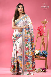 White with multicolor fish motif silk kantha work saree woman white sari colorful intricate 1