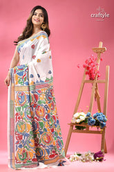 White with multicolor fish motif silk kantha work saree white kantha stitch silk saree 5
