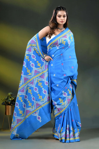 Windows blue silk kutch embroidery saree with multicolor ethnic design 4