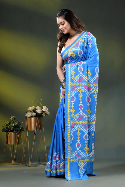 Windows blue silk kutch embroidery saree with multicolor ethnic design 3